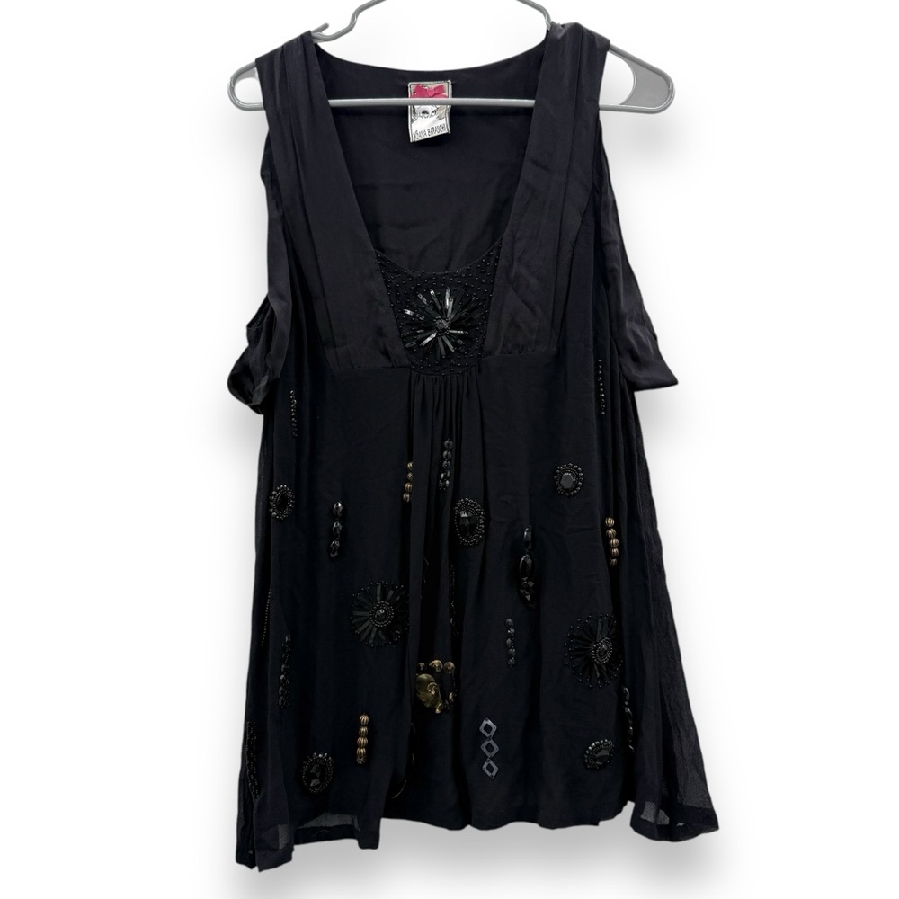 Anthropologie Yoana‎ Baraschi 100% Silk Black Beaded Sleeveless Top Sz S